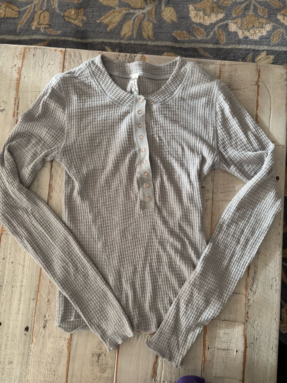 Free People Waffle-Knit Long Sleeve Henley Top - Light Gray